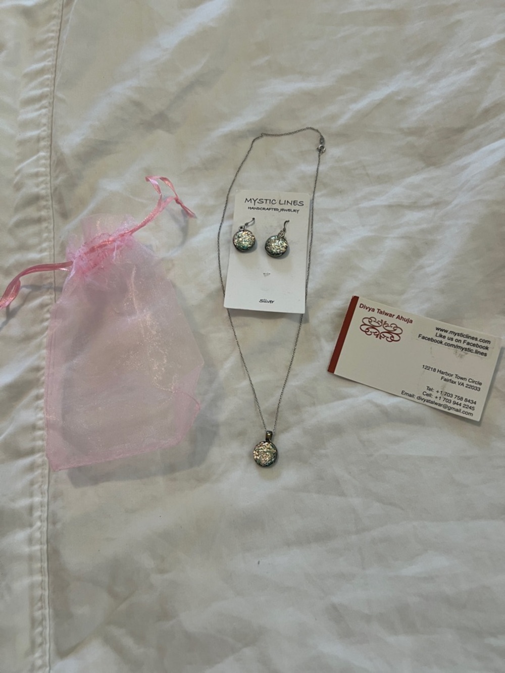 Dichroic Glass 
 Pendant Necklace & Earrings Set  - Silver w/Pink Accents